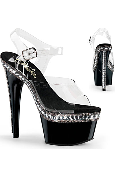 TACONES CON DIAMANTE DE IMITACIÓN EN LA PLATAFORMA CON CORREA, TACO 7" Y 2 3/4 DE PLATAFORMA