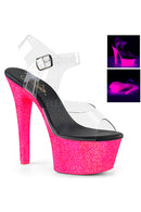 TACONES ESCARCHADOS CON CORREA, UV DE LUZ REACTIVA Y TACO DE 6" 2 1/4 " EN LA PLATAFORMA.