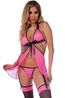 3 PIEZAS BABYDOLL DE PUNTOS, TANGA CON PORTALIGAS Y MEDIAS