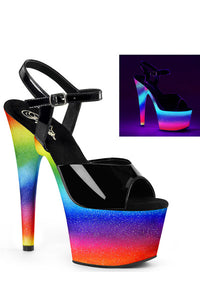TACONES CON CORREA DE TOBILLO Y PLATAFORMA CON ESCARCHA DE ARCO IRIS REACTIVO A LA LUZ