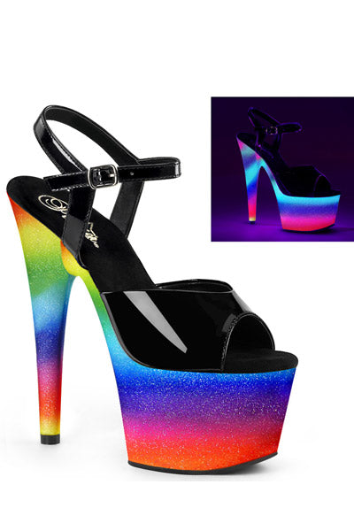 TACONES CON CORREA DE TOBILLO Y PLATAFORMA CON ESCARCHA DE ARCO IRIS REACTIVO A LA LUZ