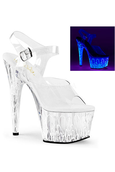 TACONES CON CORREA DE LUZ ULTRAVIOLETA CON CURVAS, TACO 7" Y 2 3/4 DE PLATAFORMA