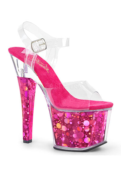 TACONES CON CORREA EN EL TOBILLO Y BURBUJA HOLOGRAFICA EN LA PLATAFORMA