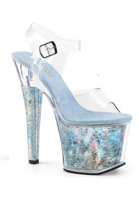 TACONES CON CORREA EN EL TOBILLO Y TEXTURA HOLOGRAFICA EN LA PLATAFORMA